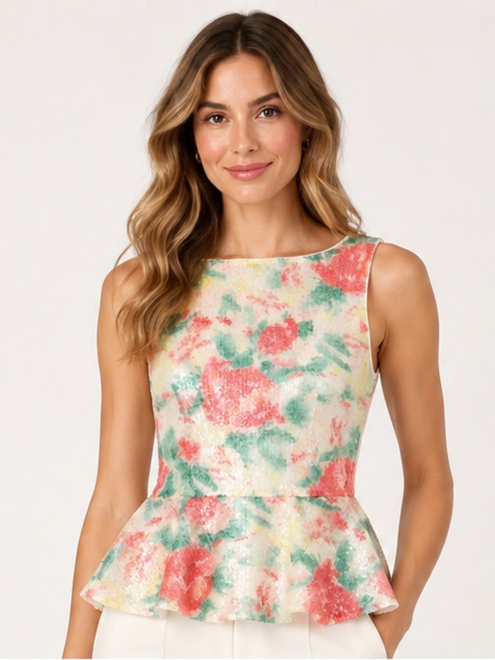 Alice + Olivia Floral Sequin Peplum Dress Top - Coral & Green